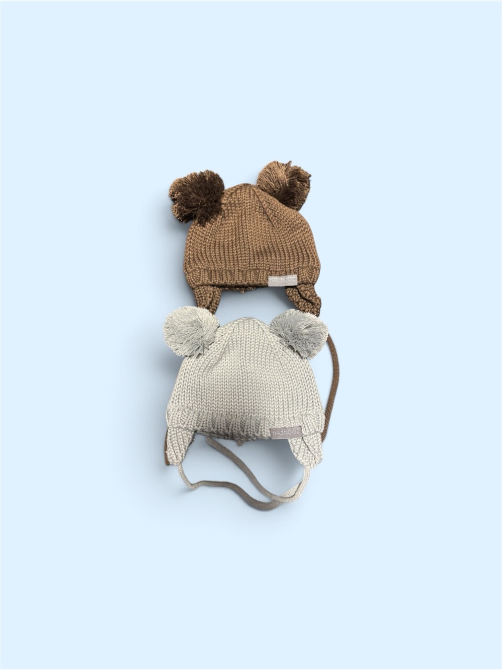 Knit Pom-Pom Earflap Hat - Tan and Light Gray
